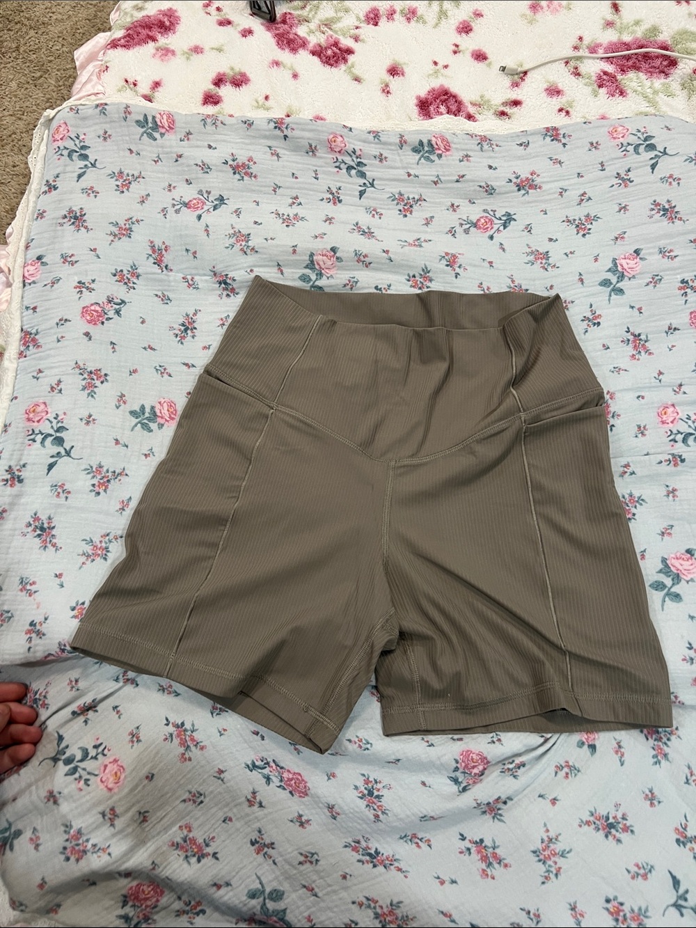 Avia Olive Ribbed High-Rise Athletic Bike Shorts